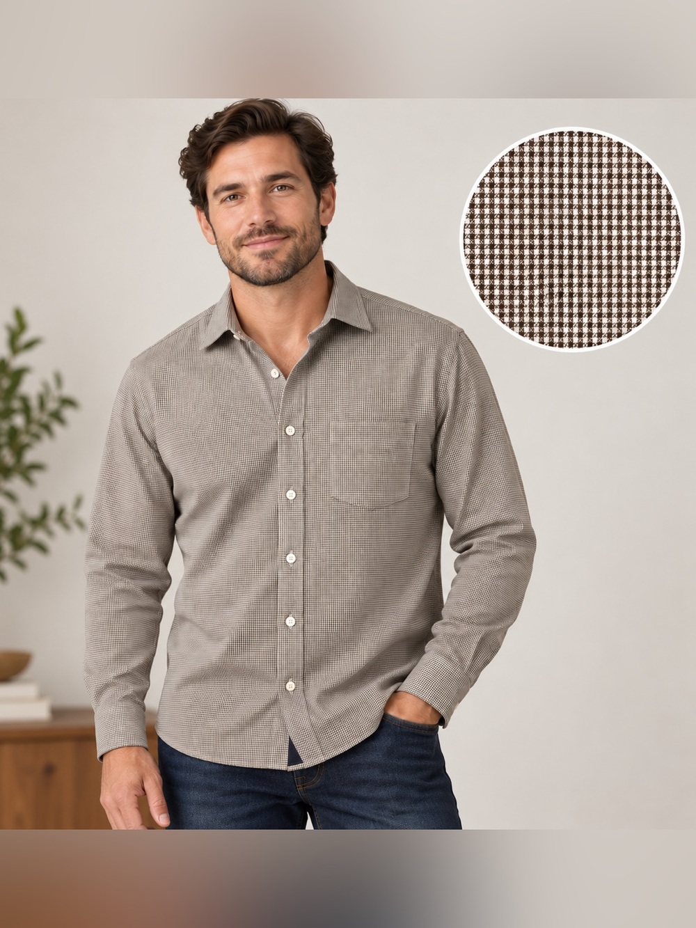 UNTUCKit Ripasso Men’s Large Slim Fit Brown Cream Micro Check Button Down Shirt